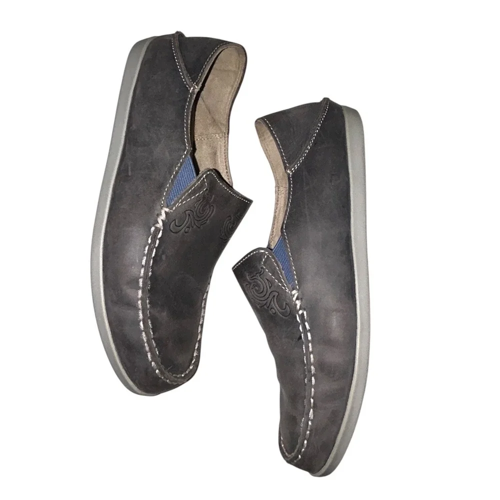 Olukai Nohea Nubuck Charcoal Gray Leather Slip On Loafers Womens 8 20174-VIPG